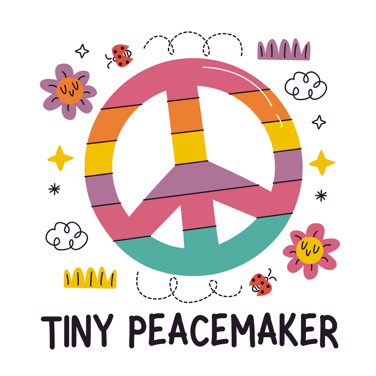 Colorful peace sign design with flowers and ladybugs, representing joy and kindness for toddlers.