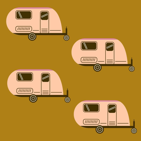 Tiny Trailer Travels RV Lightweight Cozy Blanket with charming travel trailer pattern on warm background.