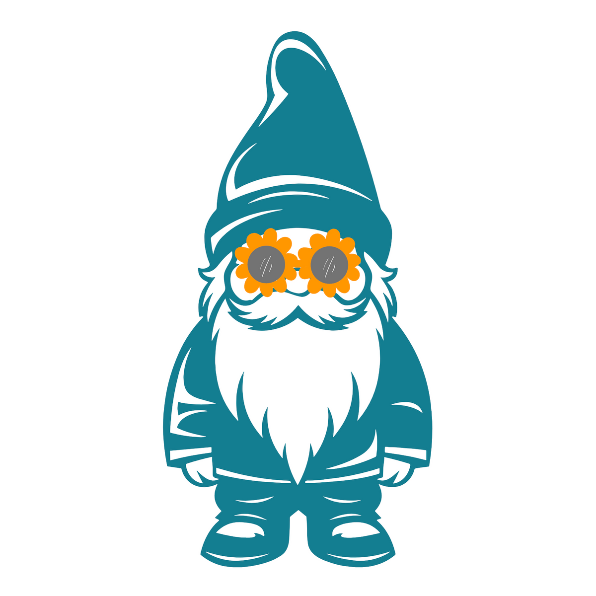 Teal gnome wearing daisy sunglasses, perfect for whimsical PNW-inspired soft tee designs.