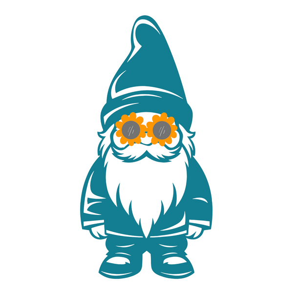 Teal gnome wearing daisy sunglasses, perfect for whimsical PNW-inspired soft tee designs.