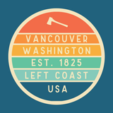 Left Coast Retro Vancouver Washington Square Accent Pillow with colorful badge design for home decor.