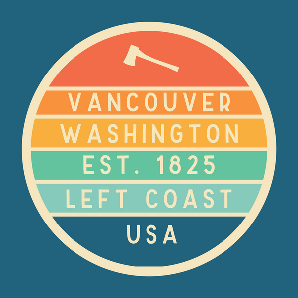 Left Coast Retro Vancouver Washington Square Accent Pillow with colorful badge design for home decor.