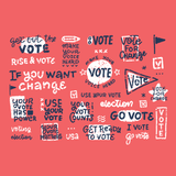 Get Out and Vote Coffee Tumbler design with vibrant voting messages and icons on coral background.