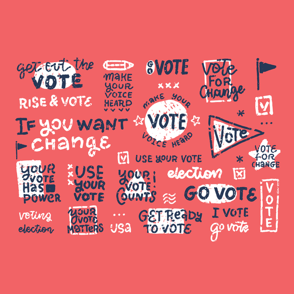 Get Out and Vote Coffee Tumbler design with vibrant voting messages and icons on coral background.