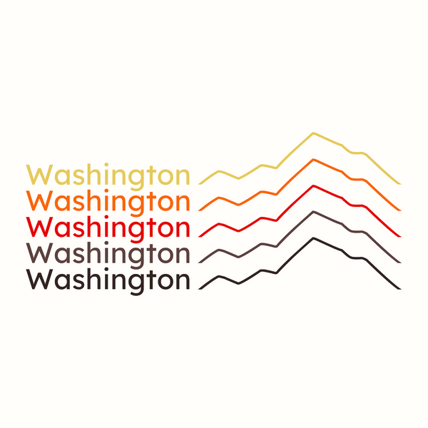 Stylized graphic of 'Washington' with layered mountain outlines in warm colors representing the Evergreen state's beauty.
