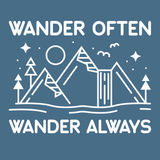 Line-drawing design featuring mountains and trees with the text 'WANDER OFTEN WANDER ALWAYS'. Perfect for wanderlust lovers.