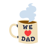 We Love Dad Mug with steam, heart design, bright colors for a cozy morning. Perfect for Father's Day.