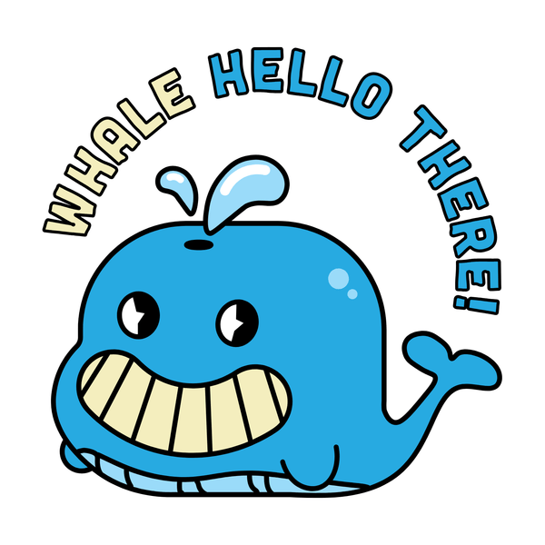 Whale Hello There Mug design featuring a playful blue whale and cheerful phrase 'Whale hello there!'