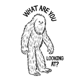 What Are You Looking At T Shirt design featuring a funny sasquatch and the text 'What Are You Looking At?'