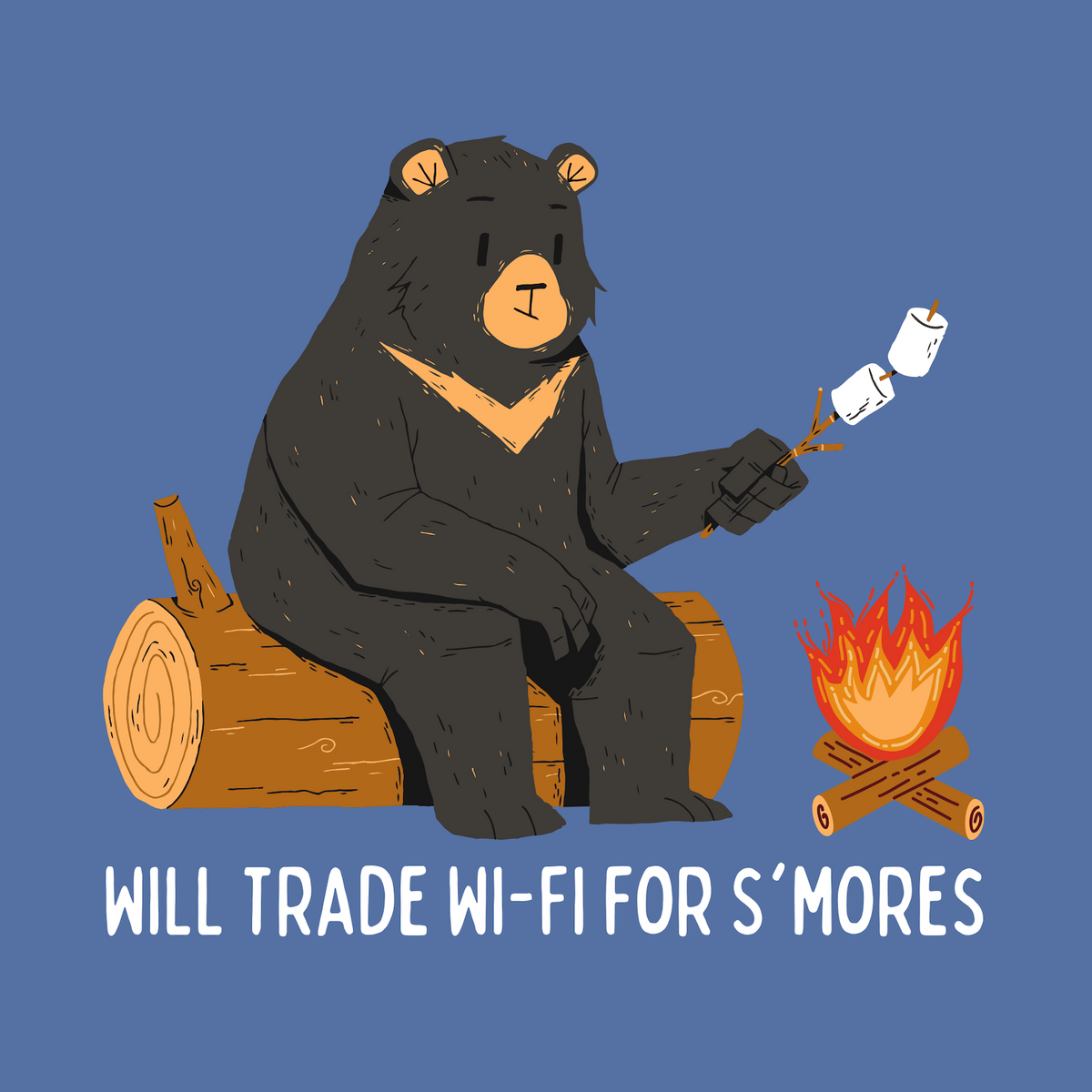 Bear roasting marshmallows by a campfire on a tee, featuring 'Will Trade Wi-Fi for S'mores' design, perfect for outdoor lovers.