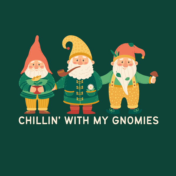 Chillin' With My Gnomies Weekender Bag featuring playful garden gnomes in a whimsical design.