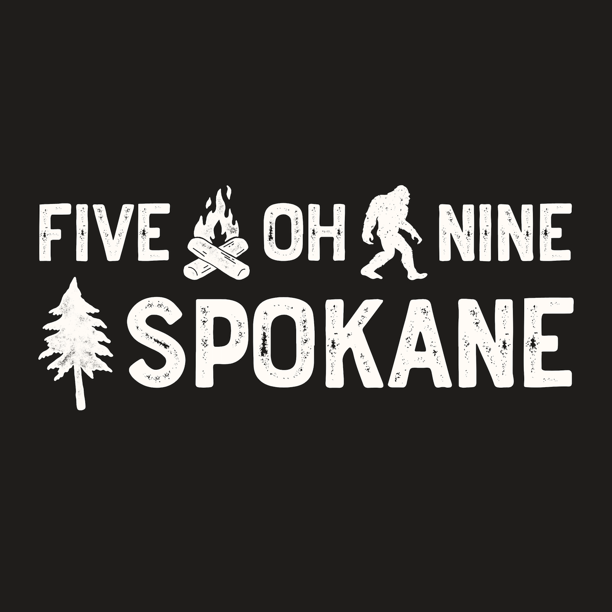 Five Oh Nine Roots Spokane Weekender Bag graphic featuring sasquatch, campfire, and tree designs.