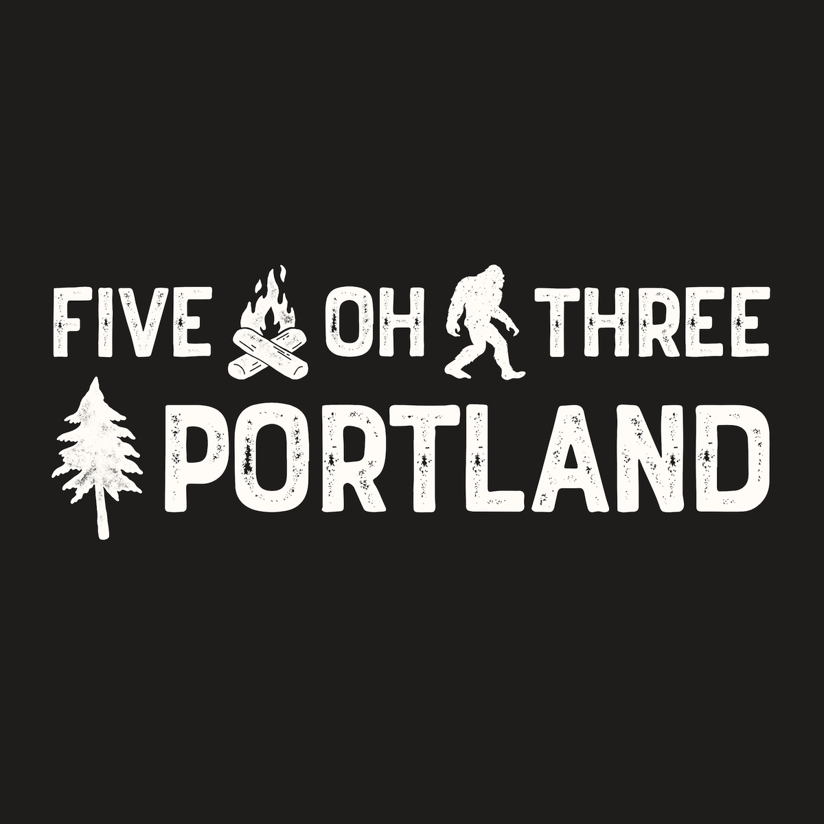 Five Oh Three Roots Portland Weekender Bag design featuring a tree, campfire, and Bigfoot illustration.
