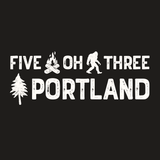 Five Oh Three Roots Portland Weekender Bag design featuring a tree, campfire, and Bigfoot illustration.