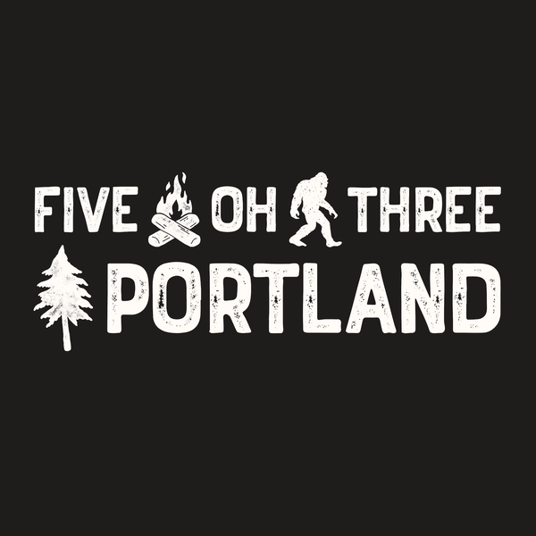 Five Oh Three Roots Portland Weekender Bag design featuring a tree, campfire, and Bigfoot illustration.