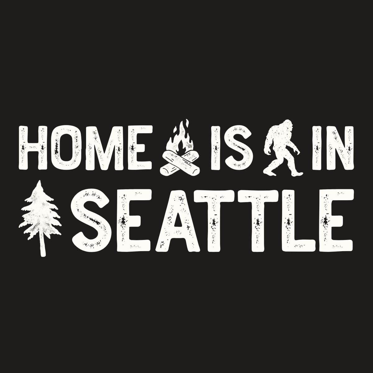 Home is in Seattle weekender bag design featuring a tree, campfire, and Bigfoot silhouette.