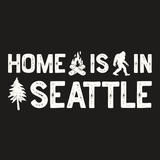 Home is in Seattle weekender bag design featuring a tree, campfire, and Bigfoot silhouette.
