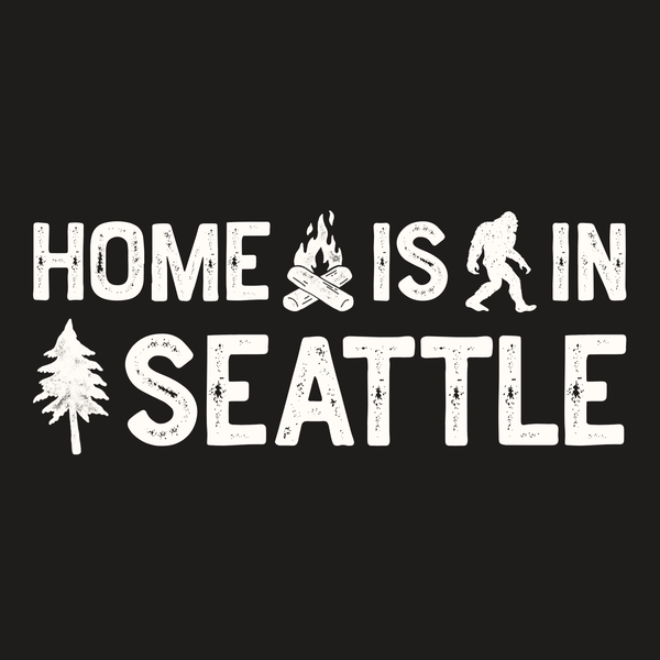Home is in Seattle weekender bag design featuring a tree, campfire, and Bigfoot silhouette.