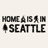 Home Is in Seattle design featuring campfire, sasquatch, and tree graphics.