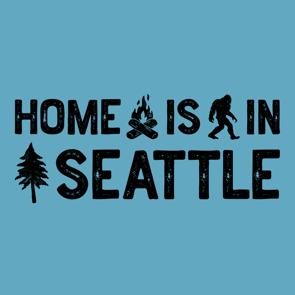 Home Is in Seattle Tee featuring a campfire, Bigfoot, and tree on a blue background.
