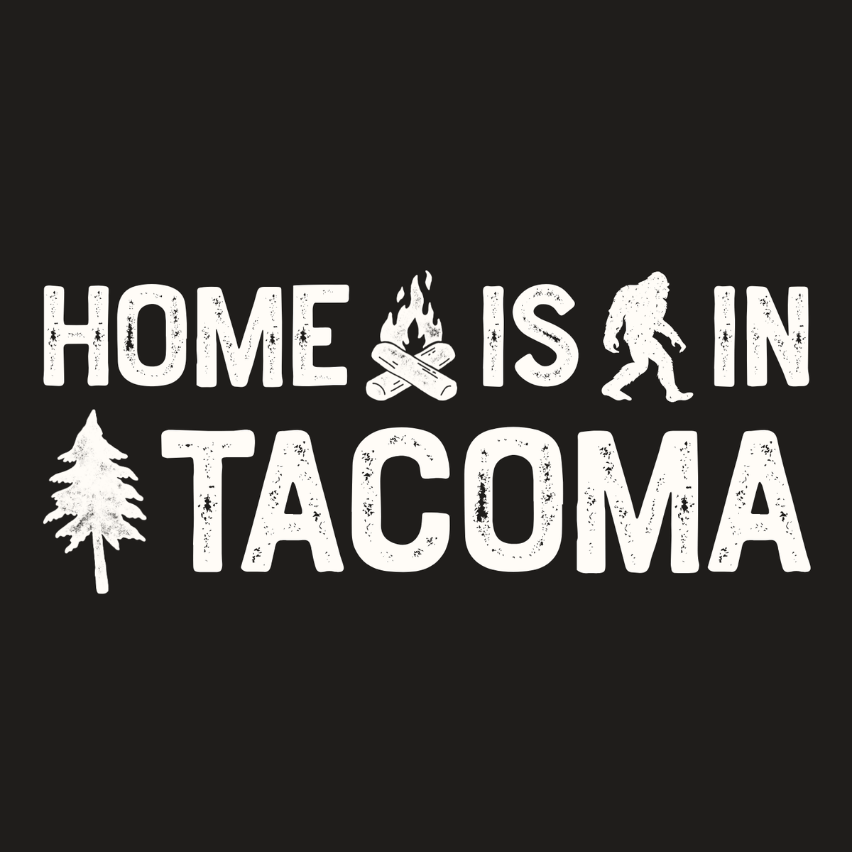 Home is in Tacoma Weekender Bag design featuring a campfire, Bigfoot, and trees.