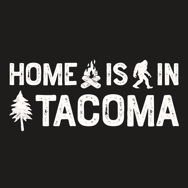 Home is in Tacoma Weekender Bag design featuring a campfire, Bigfoot, and trees.