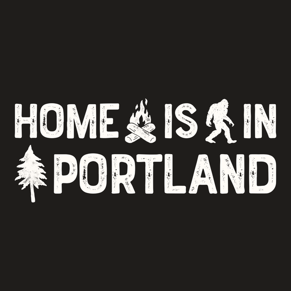 Home is in Portland Weekender Bag design featuring Bigfoot, campfire, and tree icons.
