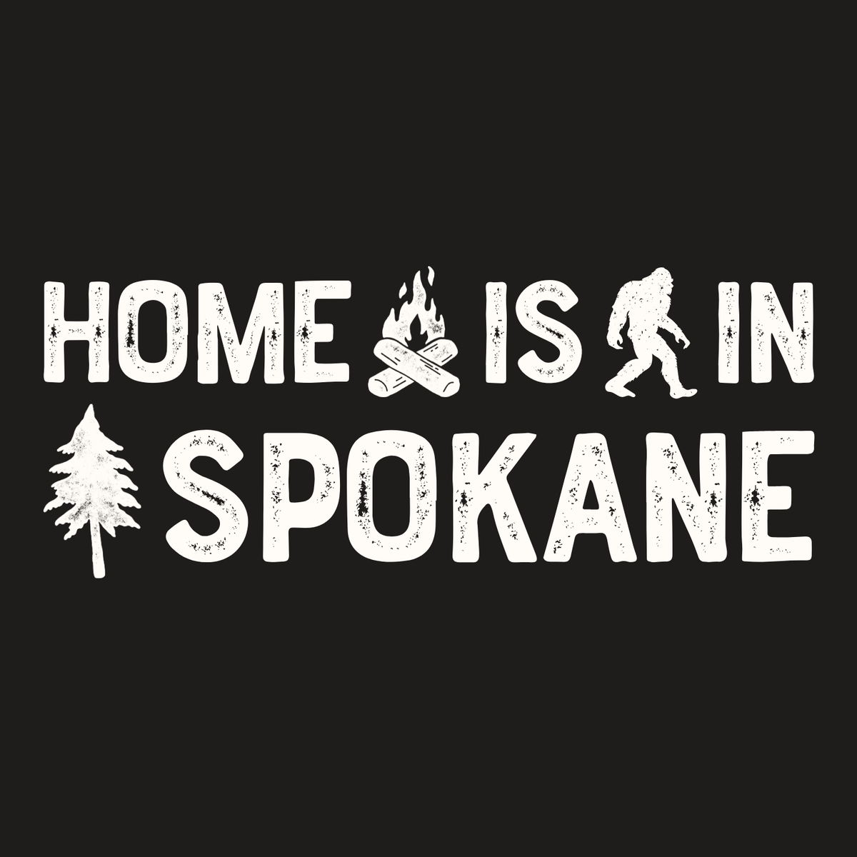 Home is in Spokane Weekender Bag design with campfire, sasquatch, and tree graphics.