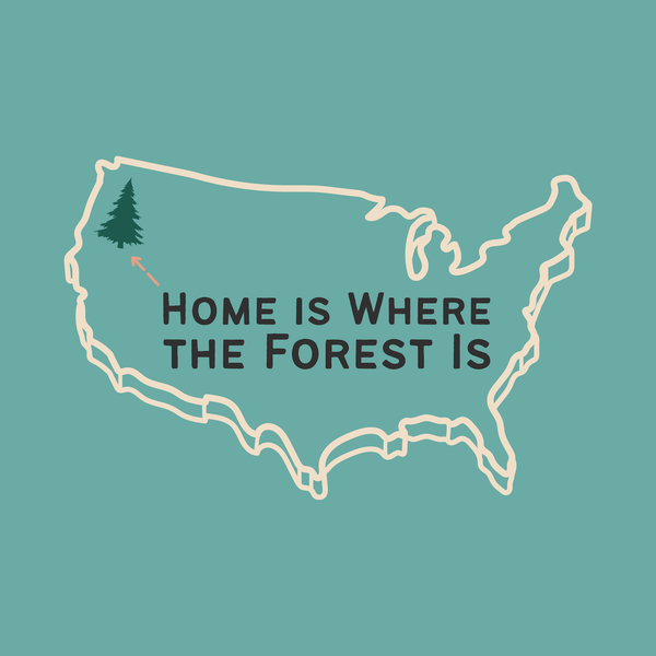 Home is Where the Forest Is PNW Weekender Bag design featuring U.S. map and tree graphic.