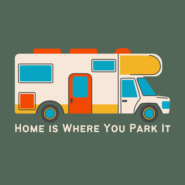 Home is Where You Park It RV Camper Weekender Bag design featuring a colorful RV illustration.