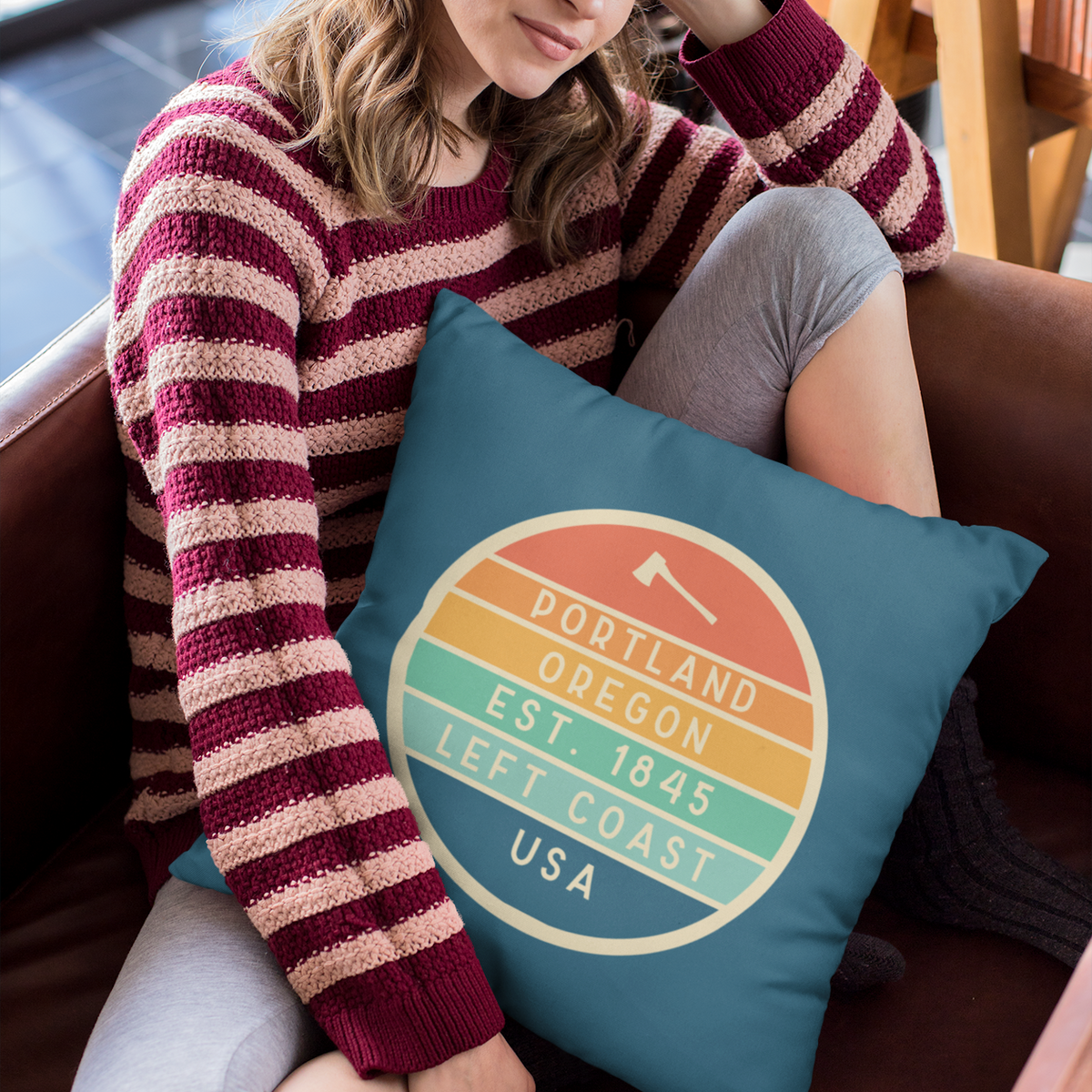 Left Coast Retro Portland Oregon Square Accent Pillow with retro badge design, adding style and comfort to home decor.