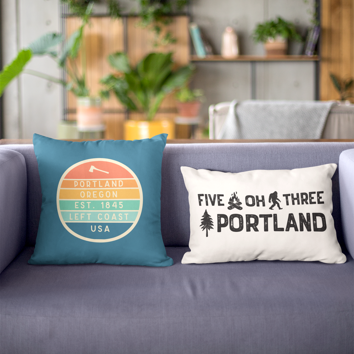 Left Coast Retro Portland Oregon Square Accent Pillow on a couch with stylish décor.