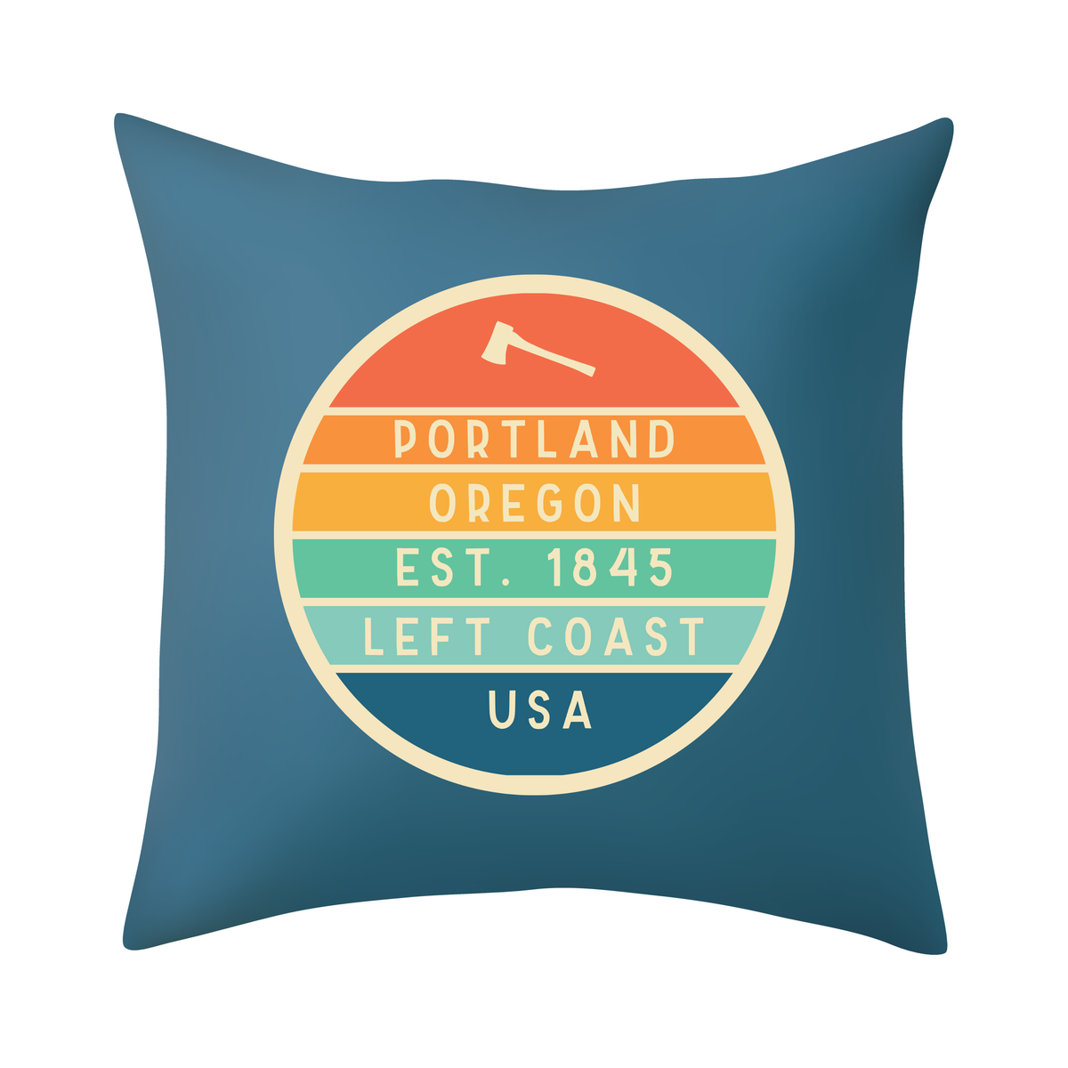 Left Coast Retro Portland Oregon Square Accent Pillow featuring a retro badge design and vibrant colors.