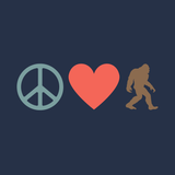 Peace, Love, and Bigfoot Weekender Bag design featuring peace symbol, heart, and Bigfoot silhouette.
