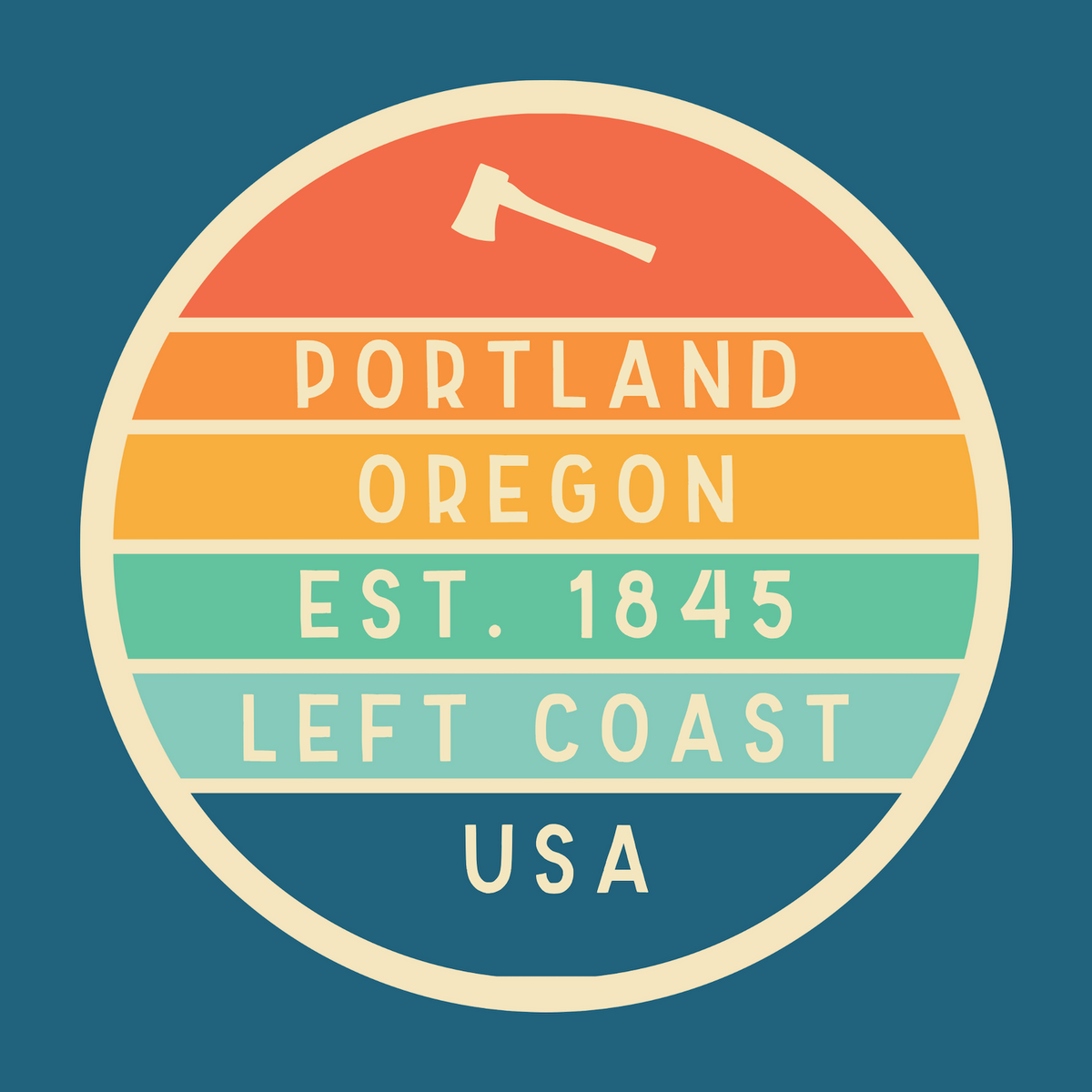 Left Coast Retro Portland Oregon Square Accent Pillow badge design with axe and colorful stripes