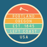 Left Coast Retro Portland Oregon Square Accent Pillow badge design with axe and colorful stripes