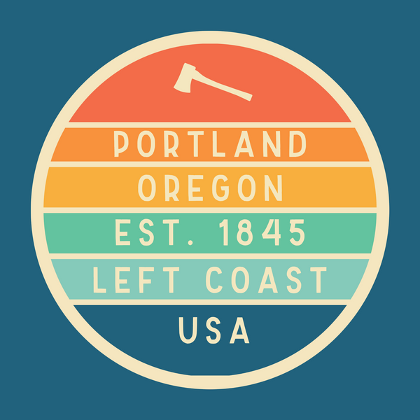 Left Coast Retro Portland Oregon Square Accent Pillow badge design with axe and colorful stripes