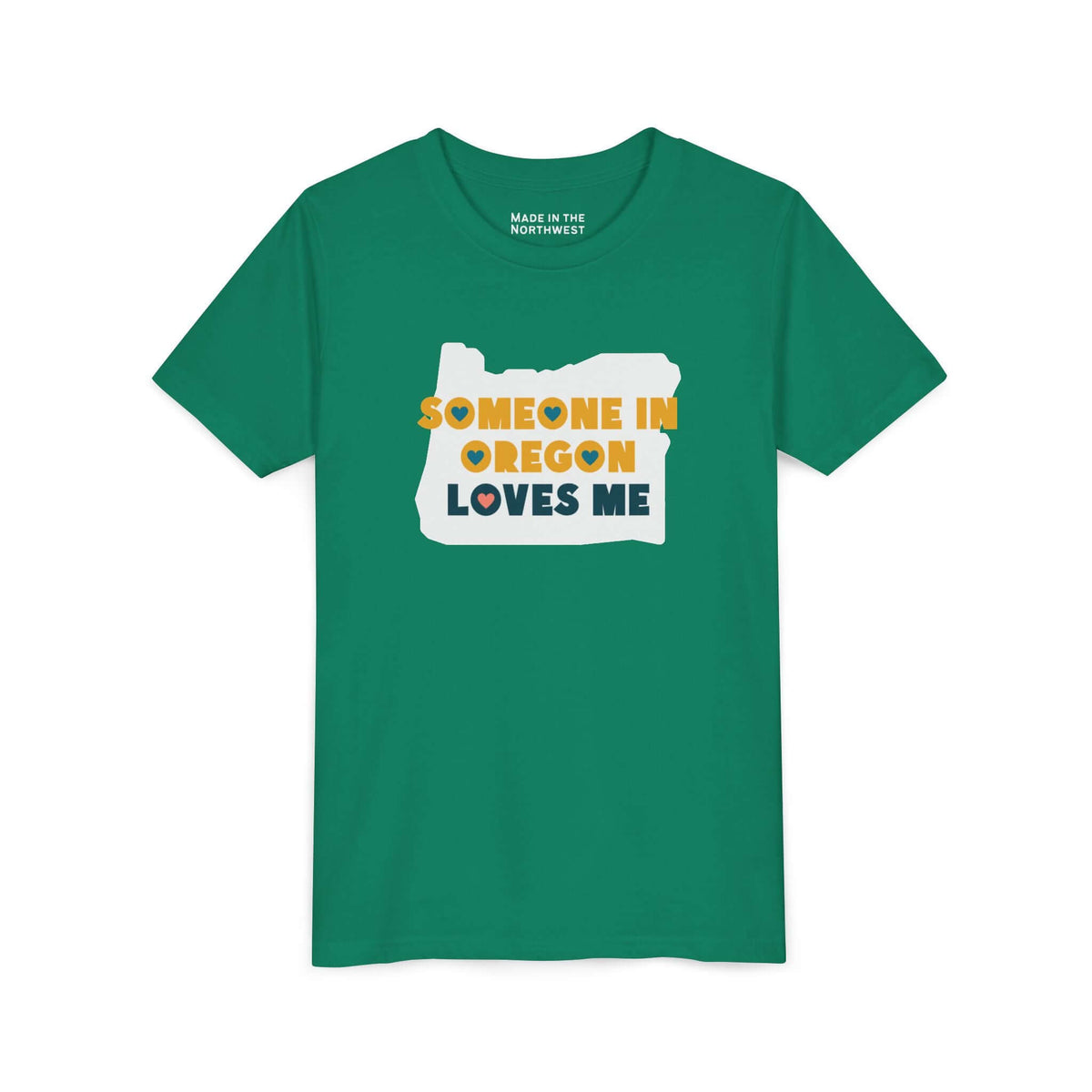 Someone in Oregon Loves Me Premium Soft Kids Tee in green, featuring a state outline design.