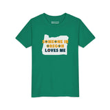 Someone in Oregon Loves Me Premium Soft Kids Tee in green, featuring a state outline design.