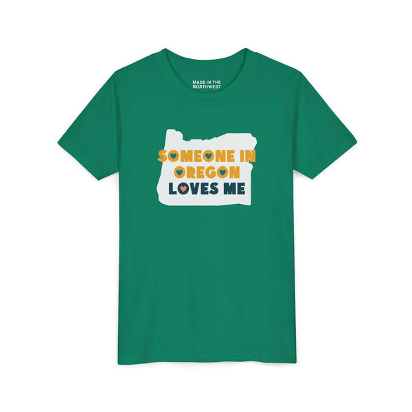 Someone in Oregon Loves Me Premium Soft Kids Tee in green, featuring a state outline design.