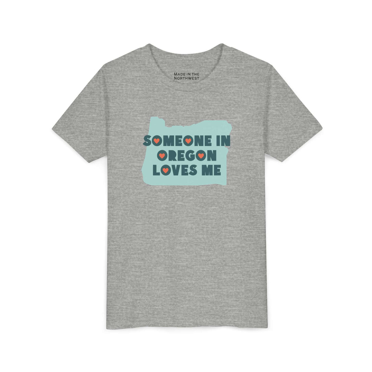 Someone in Oregon Loves Me Premium Soft Kids Tee with colorful graphic design on gray fabric.