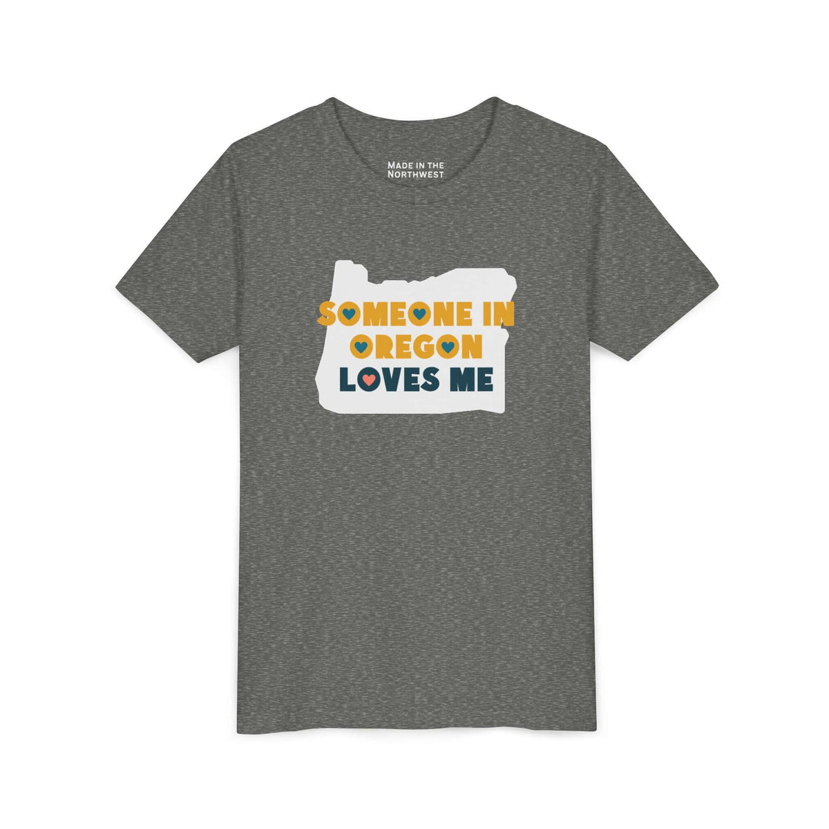 Someone in Oregon Loves Me Premium Soft Kids Tee featuring a graphic print on a gray shirt.