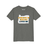 Someone in Oregon Loves Me Premium Soft Kids Tee featuring a graphic print on a gray shirt.