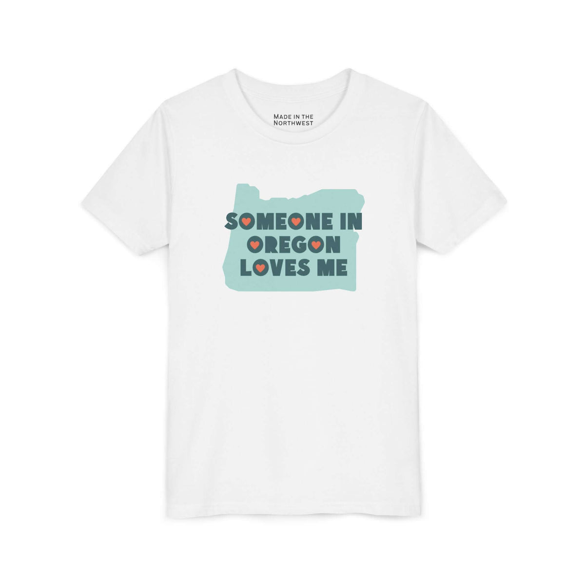 Someone in Oregon Loves Me Premium Soft Kids Tee featuring a soft white design with heart accents.