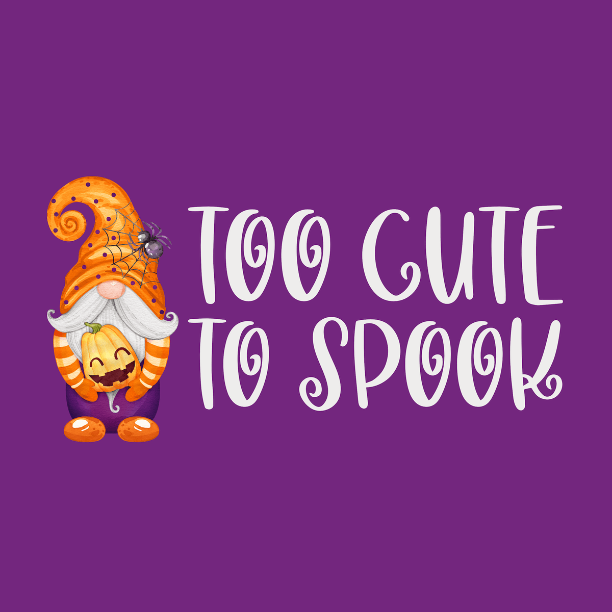 Too Cute to Spook Halloween Gnome Weekender Bag with whimsical gnome and Halloween-themed text on purple background.