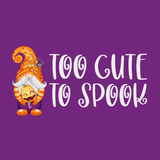 Too Cute to Spook Halloween Gnome Weekender Bag with whimsical gnome and Halloween-themed text on purple background.