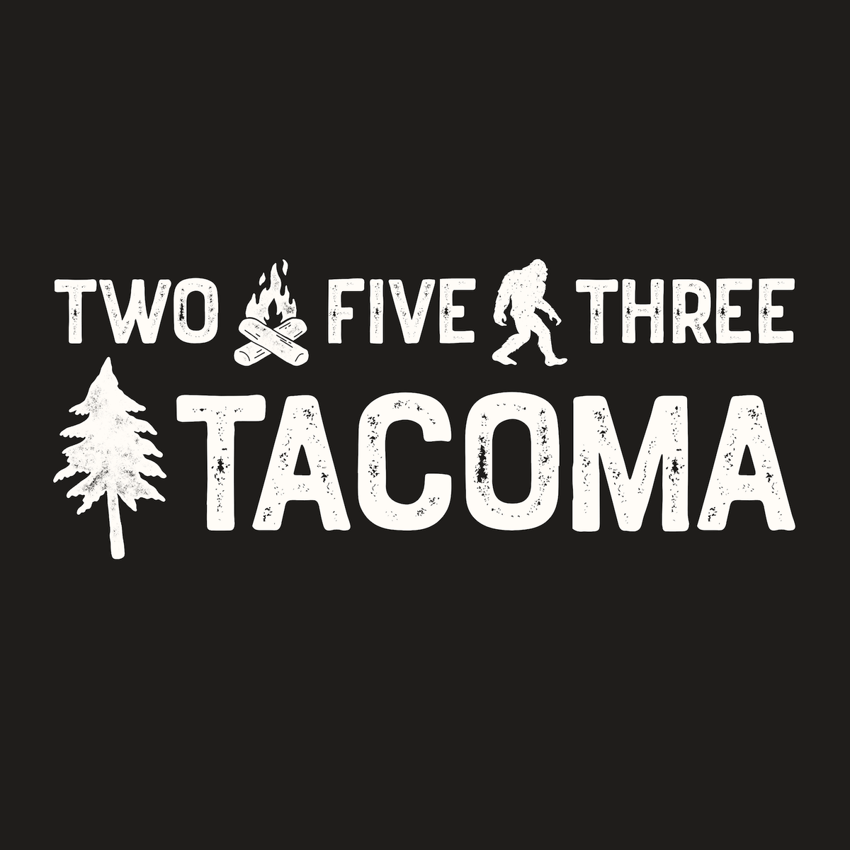 Two Five Three Roots Tacoma Weekender Bag design featuring Bigfoot, axe, and tree motifs.